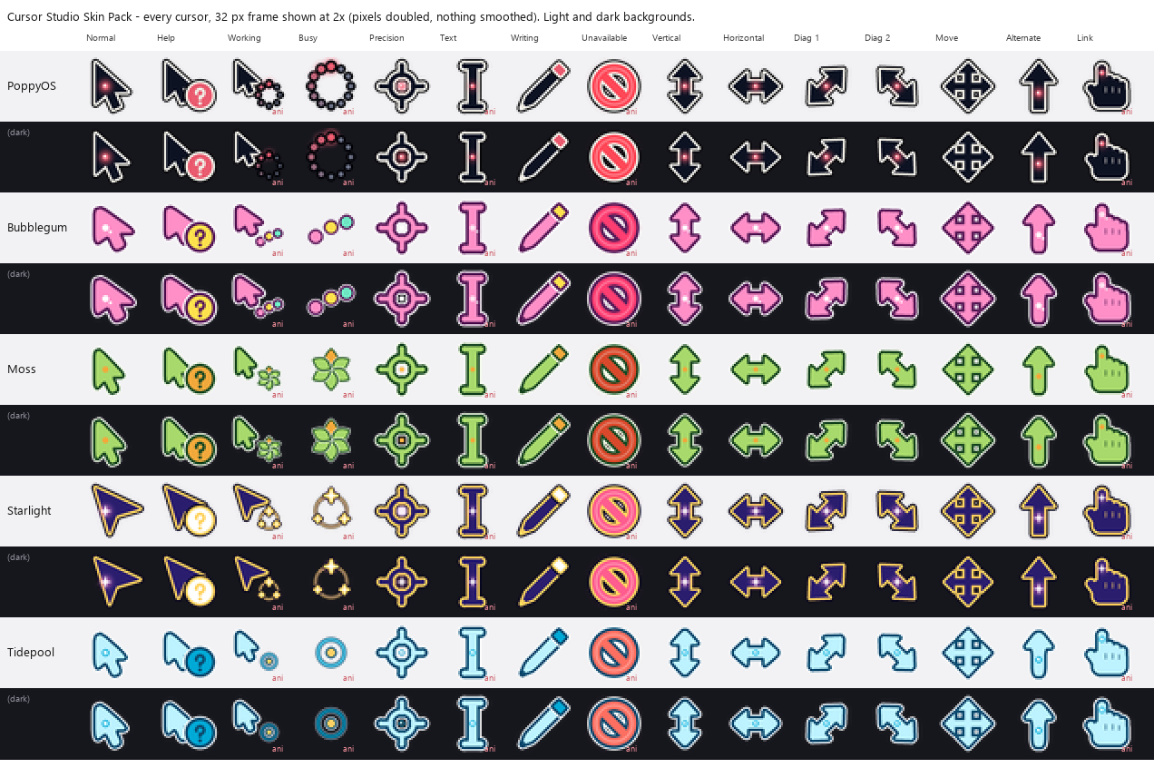 Contact sheet of the five cursor sets, every cursor at 2x on light and dark backgrounds