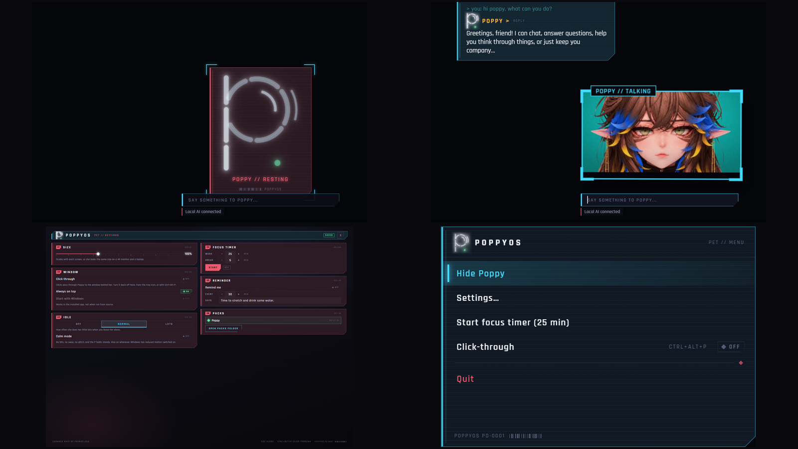 The pet in four states: resting as a glowing P, awake with her face, the settings window and the tray menu