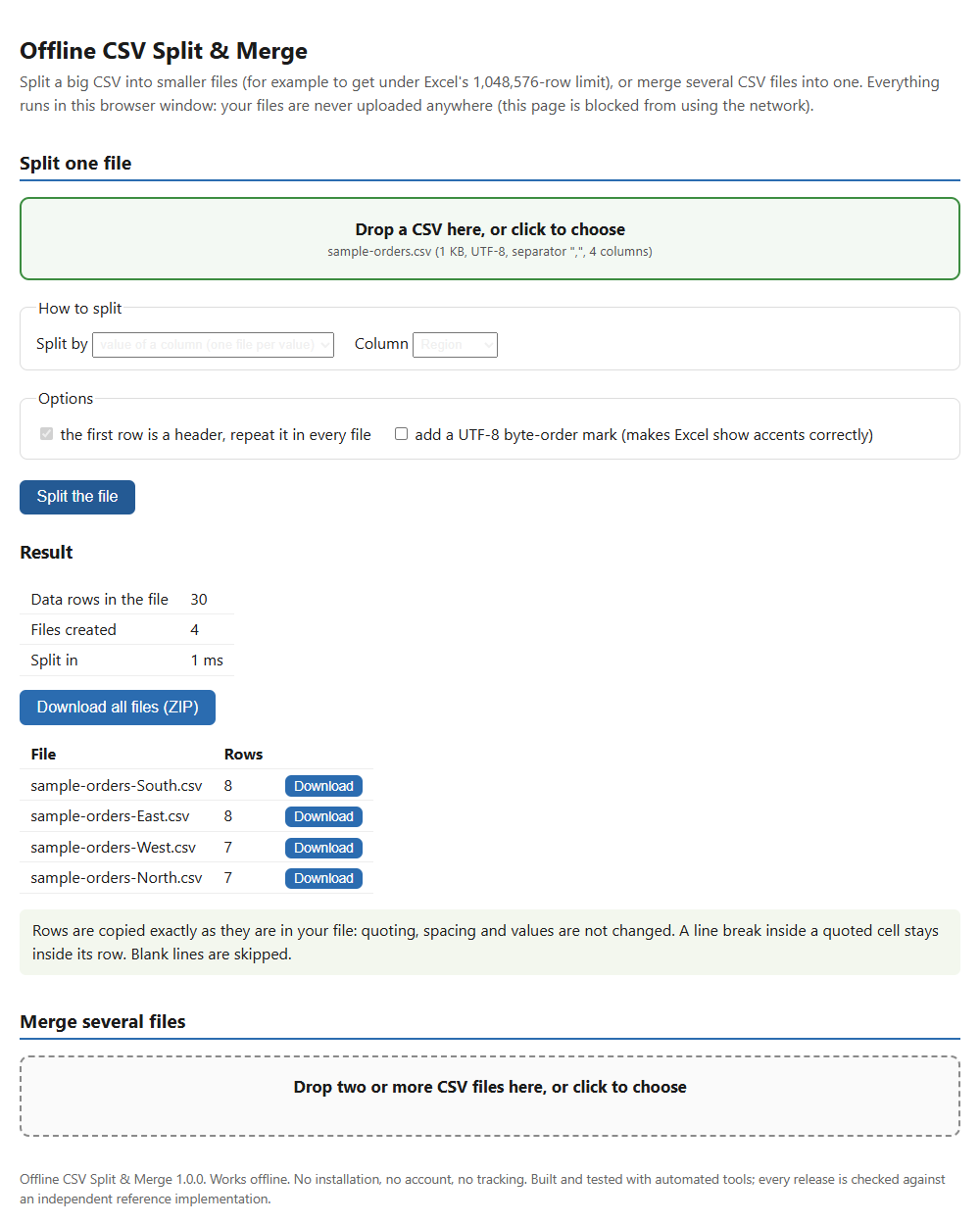 Offline CSV Split & Merge showing the result of splitting a CSV file